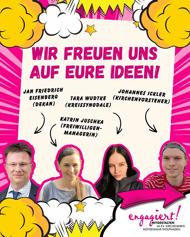 Comicgrafik mit vier Porträtfotos der Jury und dem Text: „Wir freuen uns auf eure Ideen!“