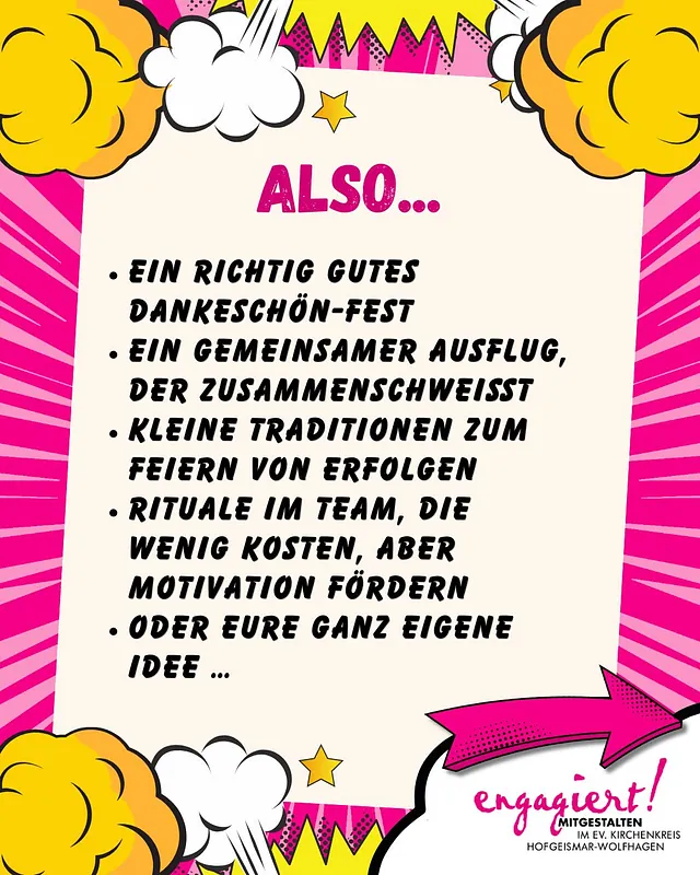 Comicgrafik mit Beispielen für gute Ideen zum Ehrenamt: Dankeschön-Fest, Ausflug, Traditionen, Teamrituale oder eigene Ideen.