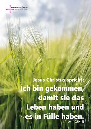 Getreidefeld mit Bibelvers aus Johannes 10,10 und Logo der Evangelischen Kirche von Kurhessen-Waldeck.