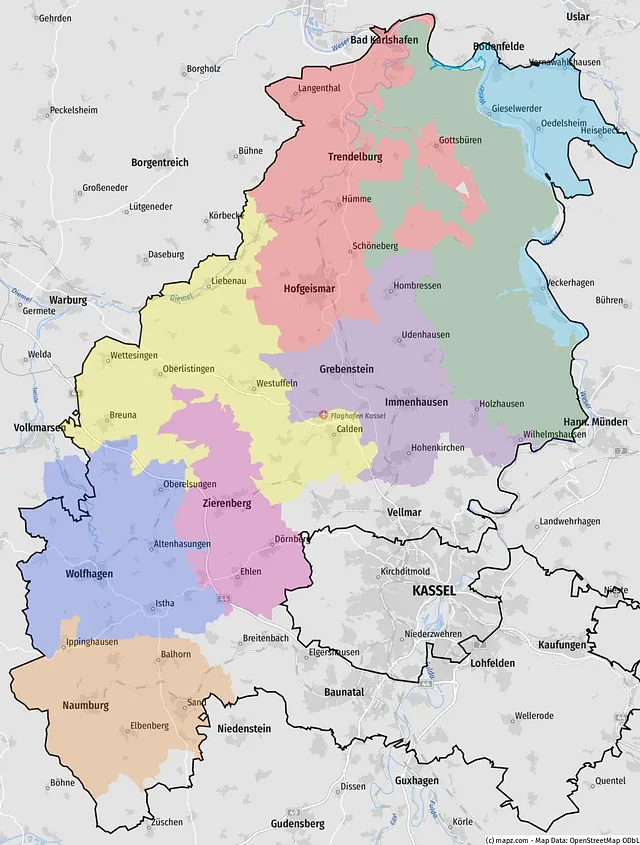 Karte des Kirchenkreises Hofgeismar-Wolfhagen mit farblich markierten Kooperationsräumen
