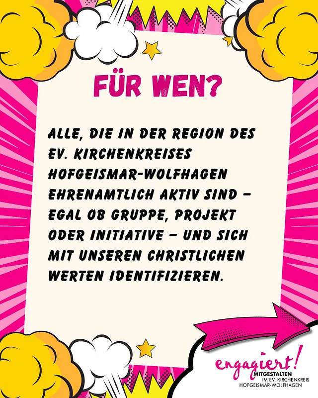 Bunte Comicgrafik mit der Frage „Für wen?“ und dem Hinweis: Teilnehmen können ehrenamtlich Aktive aus der Region des Ev. Kirchenkreises Hofgeismar-Wolfhagen.