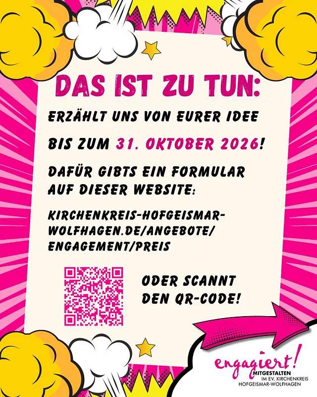 Bunte Comicgrafik mit Hinweis zur Bewerbung: Ideen bis zum 31. Oktober 2026 einreichen, per Website oder QR-Code.