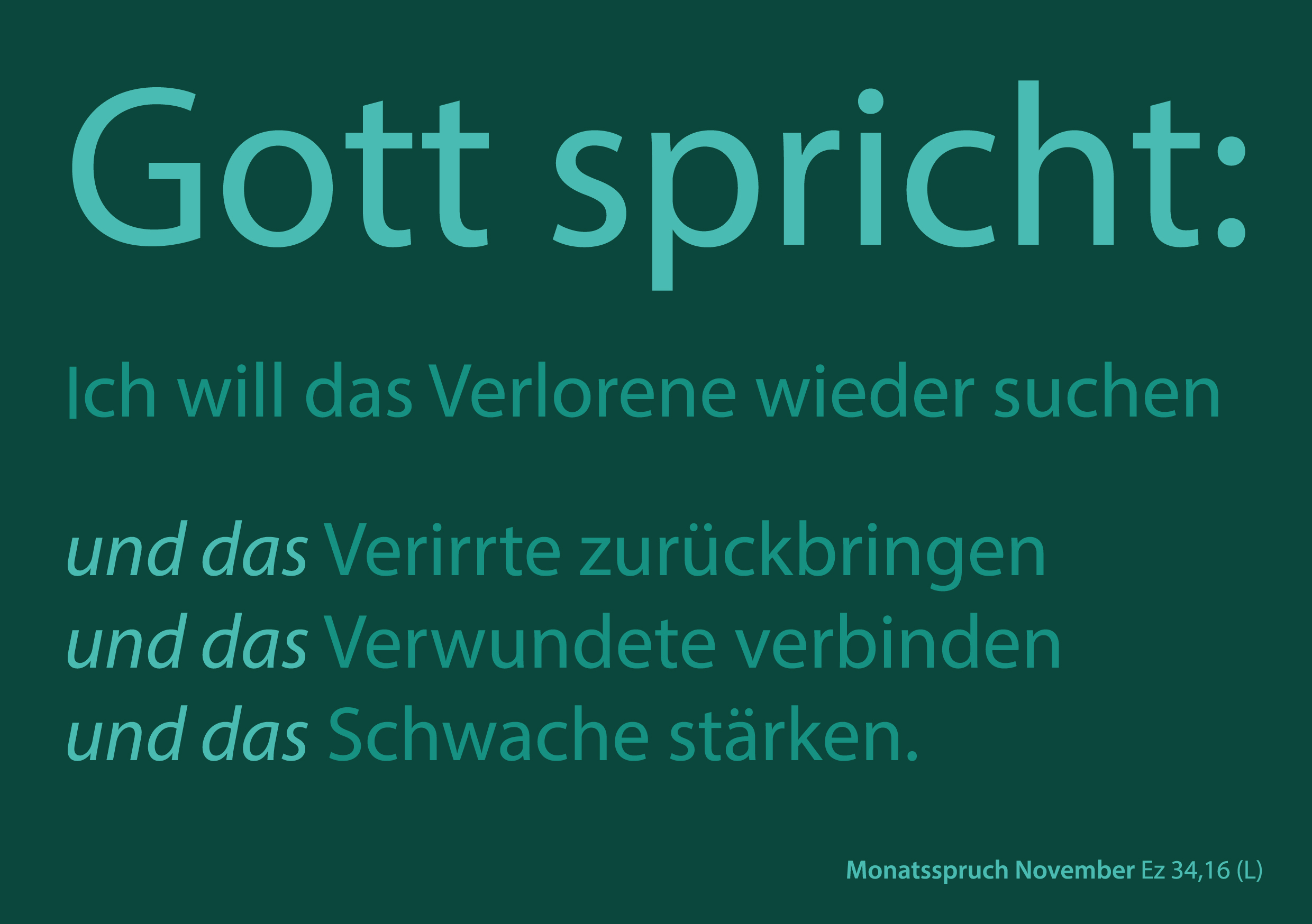 Monatsspruch für November 2025. Dunkelgrüner Hintergrund mit grüner Schrift. 