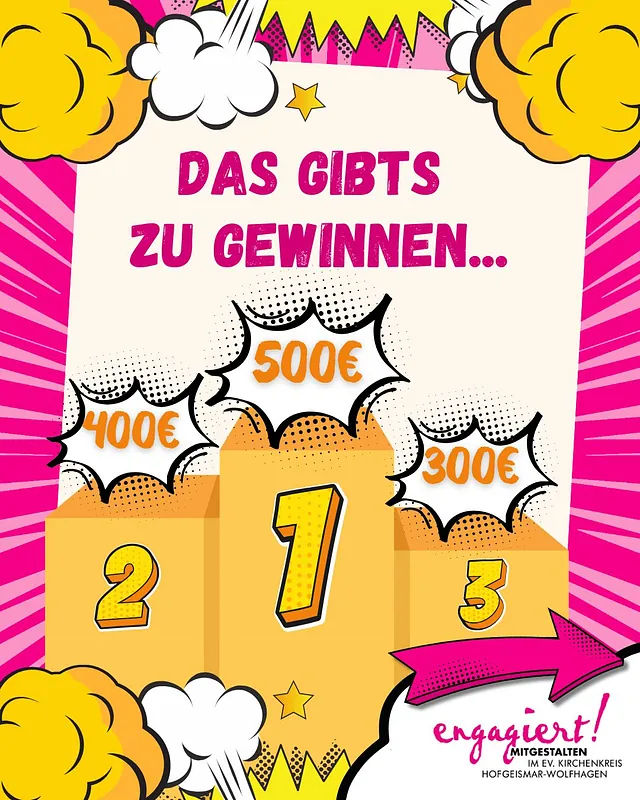 Bunte Comicgrafik mit Siegertreppchen und Preisgeldern: 500 Euro, 400 Euro und 300 Euro für gute Ideen zum Ehrenamt.