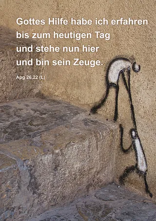 Monatsspruch August 2025: Eine Figur hilft der anderen die Treppe hochzukommen. 