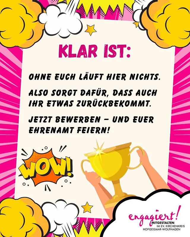 Comicgrafik mit Pokal und Aufruf: „Ohne euch läuft hier nichts. Jetzt bewerben – und euer Ehrenamt feiern!“